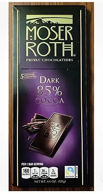 **NEW** ( 1 )  MOSER ROTH PREMIUM DARK CHOCOLATE 85% COCOA 5-BAR 4.4-oz PACK NEW • $9.59