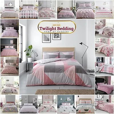 Pink Grey Reversible Duvet Cover Quilt Bedding Set With Pillowcase Double King • £15.99