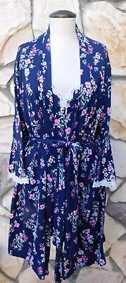 LAURA ASHLEY Set Floral Lace Trim Baby Doll Chemise Nightgown & Matching Robe • $24.95