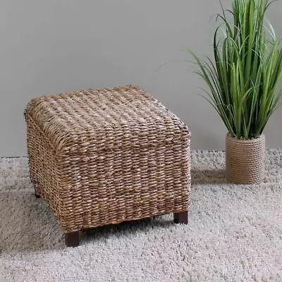 Stool Natural Woven Abaca Rattan Seagrass Square Cushioned Top W/ Mahogany Feet • $105.15