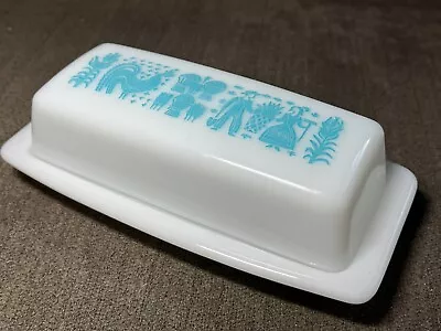 Vintage Pyrex Amish Butterprint Covered Butter Dish Chicken Turquoise White • $79