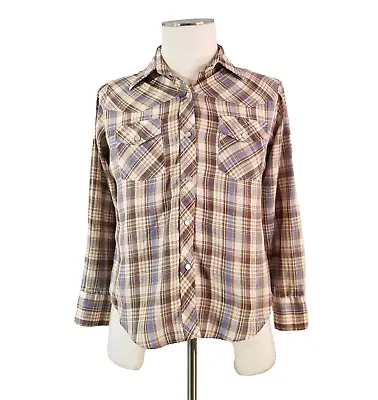 Vintage Western Pearl Snap Shirt Men's Extra Small Brown Plaid Long Sleeve • $17.41