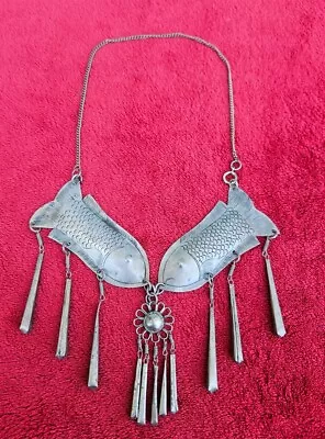 Vintage Hmong Miao Necklace Fish Etched Drop Dangle Statement 18” • $0.99