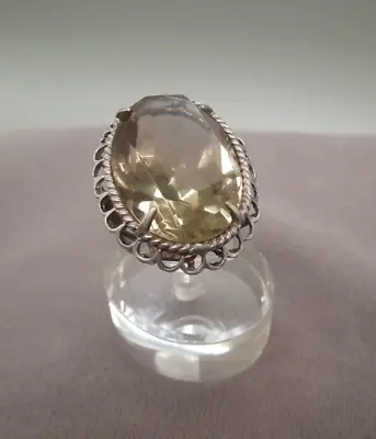 Vintage Huge Sterling Silver Citrine Oval Cocktail Faceted Ring Sz 6-1/2 • $95