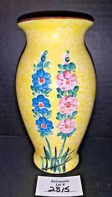 Yellow Hand Painted Pink Blue Flowers Floral Milk Glass Vase Vtg • $28