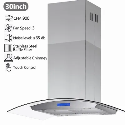 900 CFM Island Range Hood 30 Inch Vent 3-Speed Touch Panel Tempered Glass New • $285.99