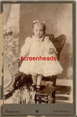 ANTIQUE CABINET CARD PHOTO  GIRL HOLDING LARGE ANTIQUE DOLL  Manchester Ohio • $44.99