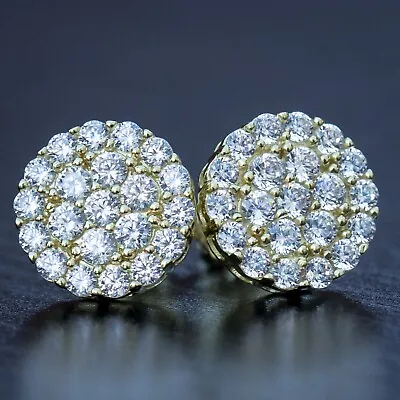 14K Gold Plated Men's Round Circle Iced Cubic Zirconia CZ Cluster Stud Earrings • $25.99