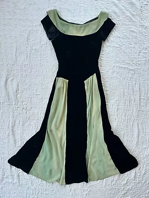 Vintage 1940s Black Velvet Blue Rayon Crepe Color Block Evening Gown • $19.99