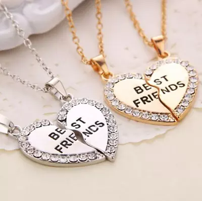 Best Friend Gift Heart Rhinestone Gold 2 Pendants Necklace Bff Girls Friendship • $13.72