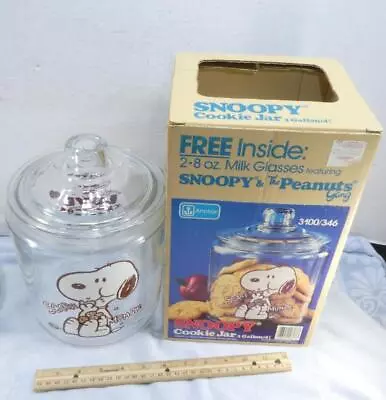 Vintage Anchor Hocking Peanuts Snoopy I Love Cookies Glass Cookie Jar W/ BOX ! • $89.96