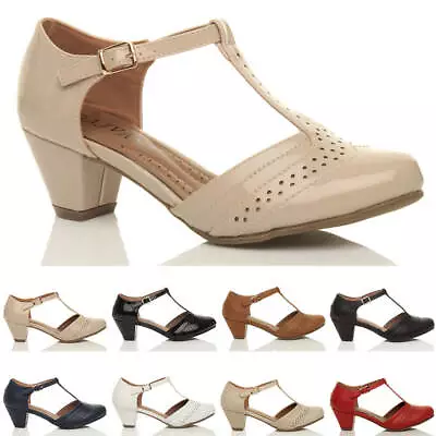 Womens Ladies Mid Block Heel T-bar Cut Out Brogue Court Shoes Sandals Size • £24.99