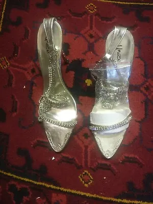 WOMENS   UNZE  SILVER & DIAMONDS HIGH HEELED SHOES UK 8party. Dress Boxed  • £15