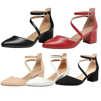 DREAM PAIRS Women Low Chunky Heel Ankle Strap Pointed Toe Wedding Pump Shoes • $27.99