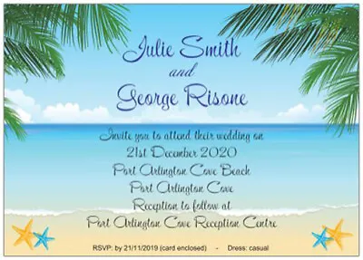 £55.31 • Buy 50 PERSONALISED WEDDING INVITATIONS CARDS Beach Destination Paradise Island NEW