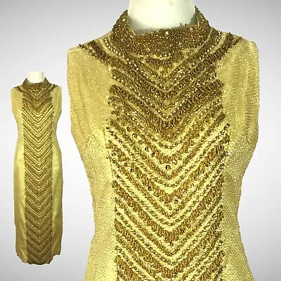 Vintage Couture Beaded Evening Gown 1960's Handmade Hand Beaded Column Gold L • $395