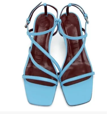 STAUD Size 37 US 7 Gita Sandals Blue Heels Strappy Square Toe Leathe • $65