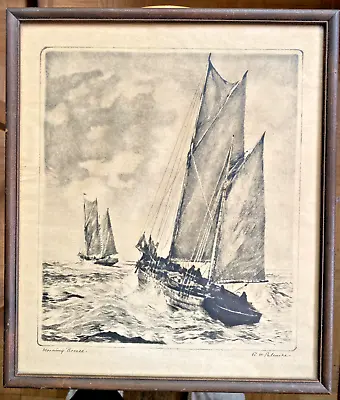 Vintage R. H. Palenske Fishing Scene MORNING BREEZE Two Large Clipper Ships • $35.50