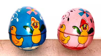 Lot Of 2 Haji Tin Litho Easter Egg Candy Containers 2  Pink Blue Japan Vintage • $15