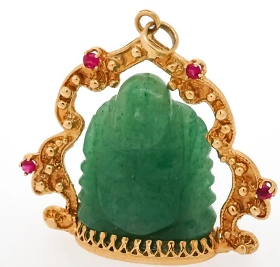 $58 • Buy Vintage 14K Yellow Gold Pink Sapphire & Carved Jade Buddha Pendant