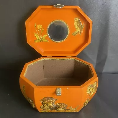 VTG 1968 Makeup Travel Box Wooden Retro Orange W/ Owls Hippy Boho Cosmetic Case • $59.90