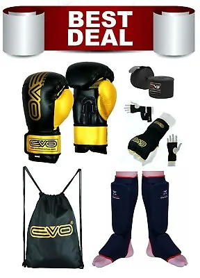 Deal Boxing Kit Gloves Gel Gloves Shin Pads Hand Wraps Kick MMA Gym Bag UFC PRO • £29.99
