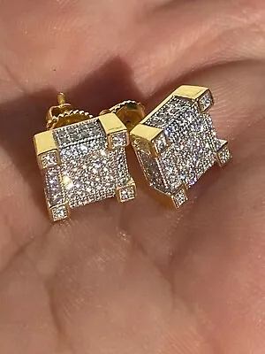 Mens Real Solid 925 Silver Iced CZ Hip Hop Earrings Stud 14k Gold Plated Hombre • $37.33