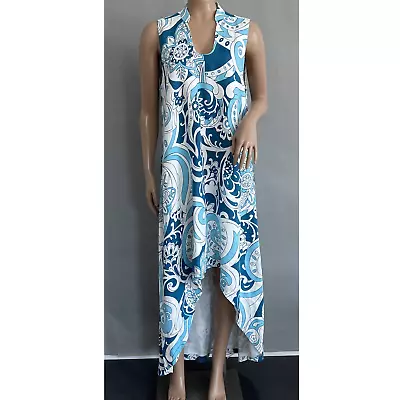 Island Company Dress Women L Blue Paisley Print 100% Linen Persephone Coastal • $45.12