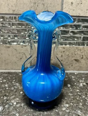Vtg Handblownh Swirl Art Glass Vase Blue & White Clear Applied Handles 6   *euc* • $14.99