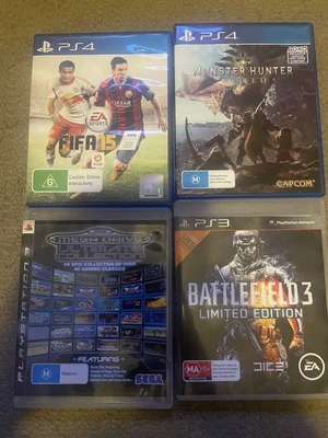 $59.95 • Buy Monster Hunter World PS4,FIFA 15 PS4,Battlefield 3 & SEGA MegaDrive Collection