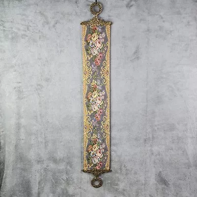Vintage Victorian Tapestry Brass Bell Pull Floral Gold Blue Pink Decor Wall 40  • $69.99