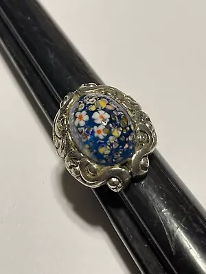 Vintage Mid Century Antiqued Silvertone Millefiori Venetian Glass Cabochon Ring • $49.99