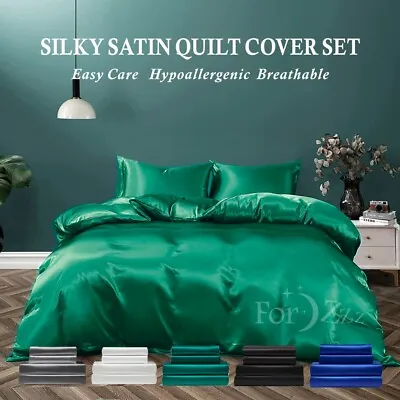 2000TC Silk Satin 3Pcs Doona Duvet Quilt Cover Set Single Double Queen King Bed • $44.89