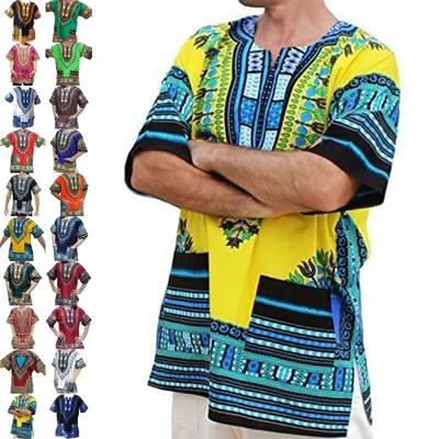 Mens Loose Fit Short Sleeve Dashiki T-Shirt Men Daily Wear Casual Crew Neck • £14.51