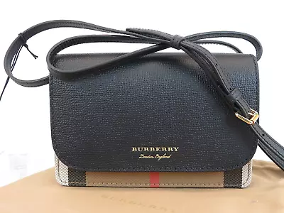 $910 Nwt Burberry Hampshire Black Leather House Check Small Crossbody Clutch Bag • $873.30