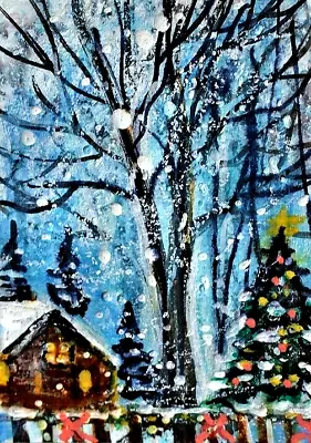 ACEO Original Winter CABIN Pine Tree PAINTING Snow Mountain Xmas Landscape ART • $15.99