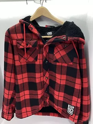 Ecko Unltd Shirt Jacket Shacket Men Medium Red Plaid Snap Sherpa Long Sleeve • $29.95