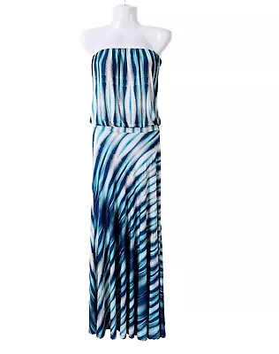 VERONICA M Strapless Dropwaist Blue Green Stretch Sun Beach Maxi Long Dress-XS • $45