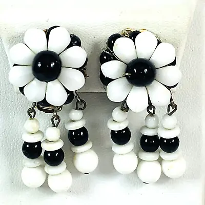 Vintage MARVELLA Signed Black And White Beaded Flower Dangle Clip On Earrings • $24.99