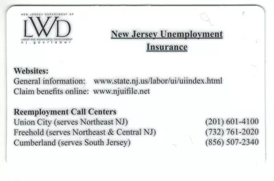 NEW JERSEY STATE UNEMPLOYMENT INSURANCE Plastic Membership Card Career Center • £1.89