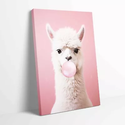 Cute Llama Blows A Bubble Gum Stretched Canvas Or Unframed Poster Wall Art • £12.99