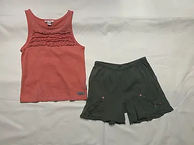 GUC/PLAY Naartjie Tank Top Shorts Sz 6 Vibe Coral Orange Spring Olive 2 Pc • $11.95