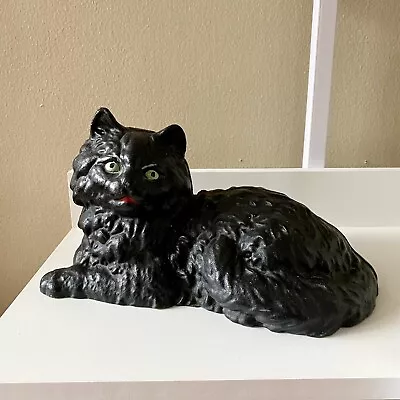 Vintage Hubley Style Cast Iron Lounging Persian Black Cat Doorstop Green Eyes • $30