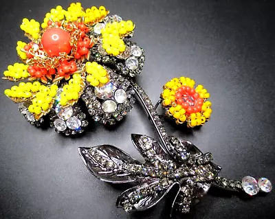 LAWRENCE VRBA Huge 6  Orange & Yellow Bead & Rhinestone Flower Brooch • $499.99