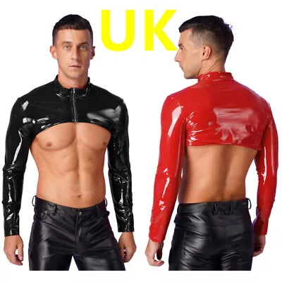 Men PVC Leather Crop Top Wet Look Slim Jacket Shirt Shiny Party Rave Clubwear • £17.09