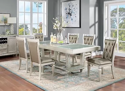 Modern Glamorous Champagne Silver Table & Tufted Chairs - 7 Piece Dining Set CDS • $1735.76