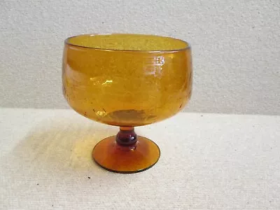 BLENKO Art Glass AMBER GOLD FISH BOWL Crackle Open Candy Compote MCM 6  TALL  • $59.99