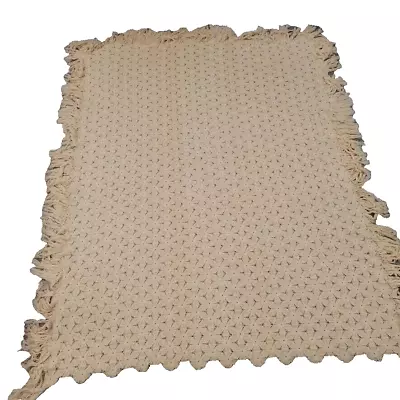 Handmade Crocheted Bedspread Tan Blanket Floral Snowflake DesignTassels Vintage • $65