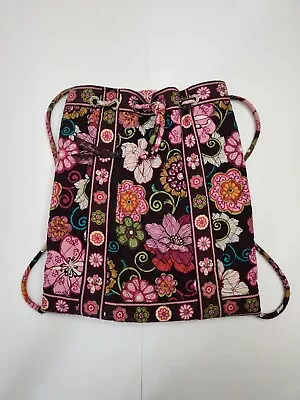 Vera Bradley Brown Floral Drawstring Backpack Good Condition Quilted Zip Pocket • $10