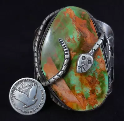 Vintage Navajo Bracelet - Coin Silver And Turquoise - Huge - Snakes - 139g=4.9oz • $659